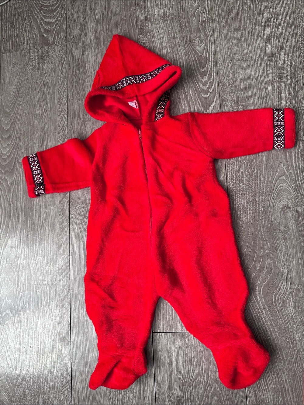 Vintage 70s-80s Red Hooded Fleece Footed One-Piece Nordic Style Patterned Trim